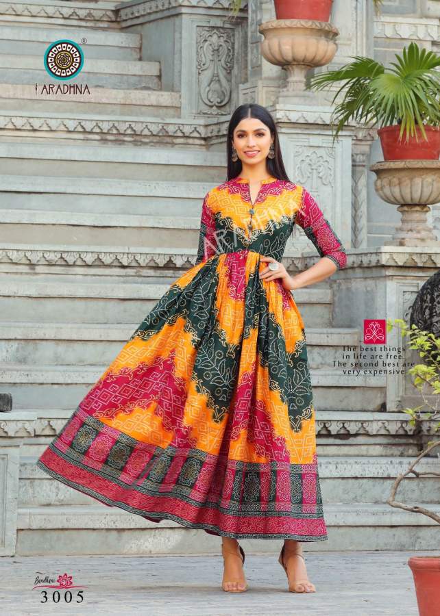 Aradhna Bandhani 3 Heavy Cotton Festive Wear Cotton Anarkali Long Kurti Collection